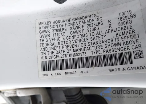 2019 Honda Civic Sport from USA, damaged, VIN 2HGFC2F81KH602173